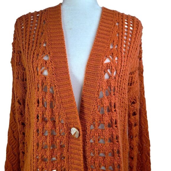 Heartloom Chunky Open Knit Burnt Orange Pearl Buttons Oversized Cardigan - Picture 4 of 9